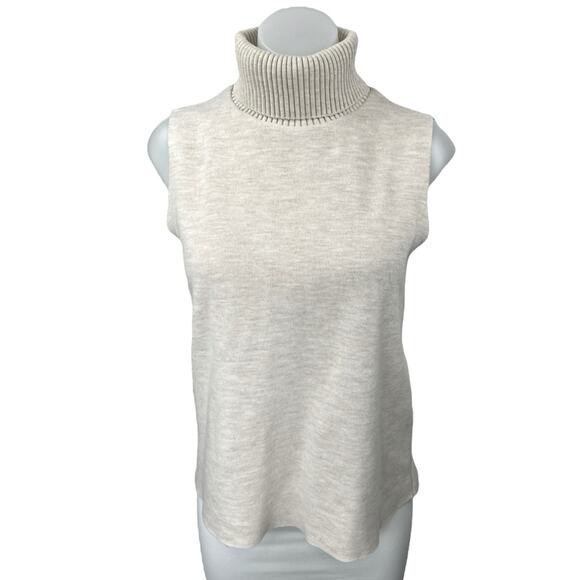 Zara Cream Ribbed Knit Foldover Turtleneck Sleeveless Pullover Sweater Top Sz M - Picture 1 of 4
